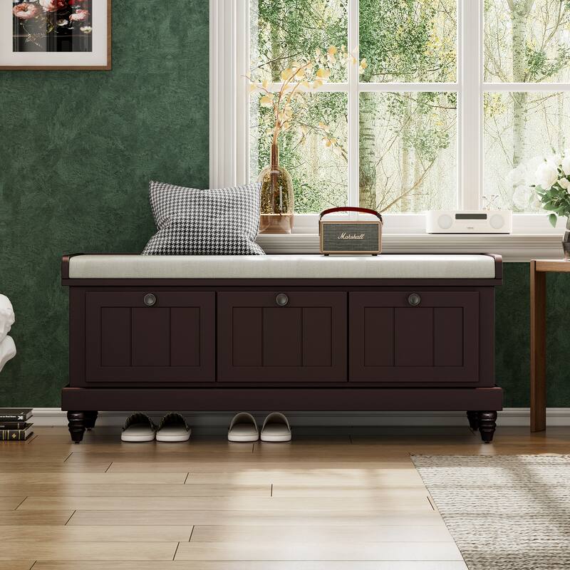 Classic Storage Bench with Cushioned Seat and 3 Drawers - Espresso
