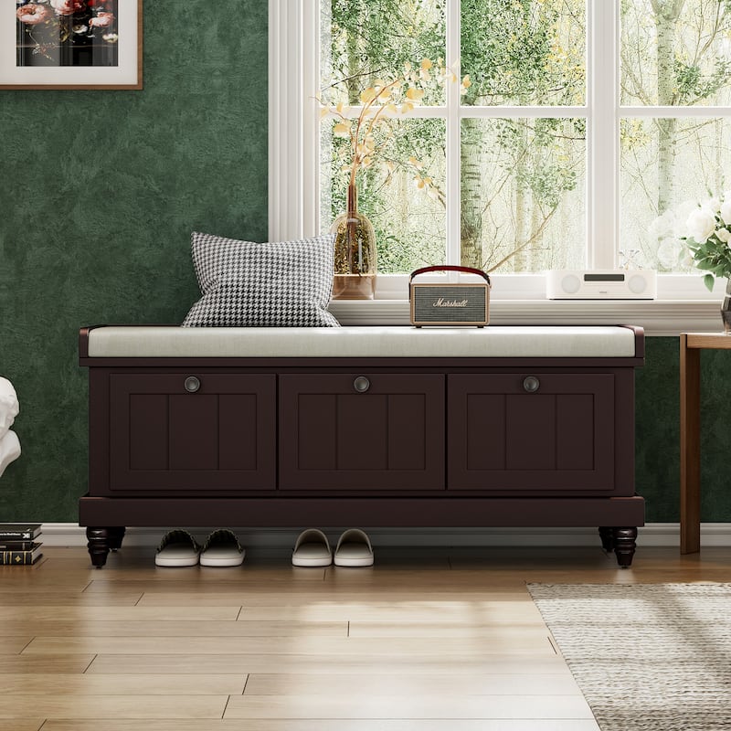 Storage Bench with Cushioned Seat & 3 Drawers, Wooden Entryway Storage Bench, Shoe Bench with Hidden Storage Space - Espresso