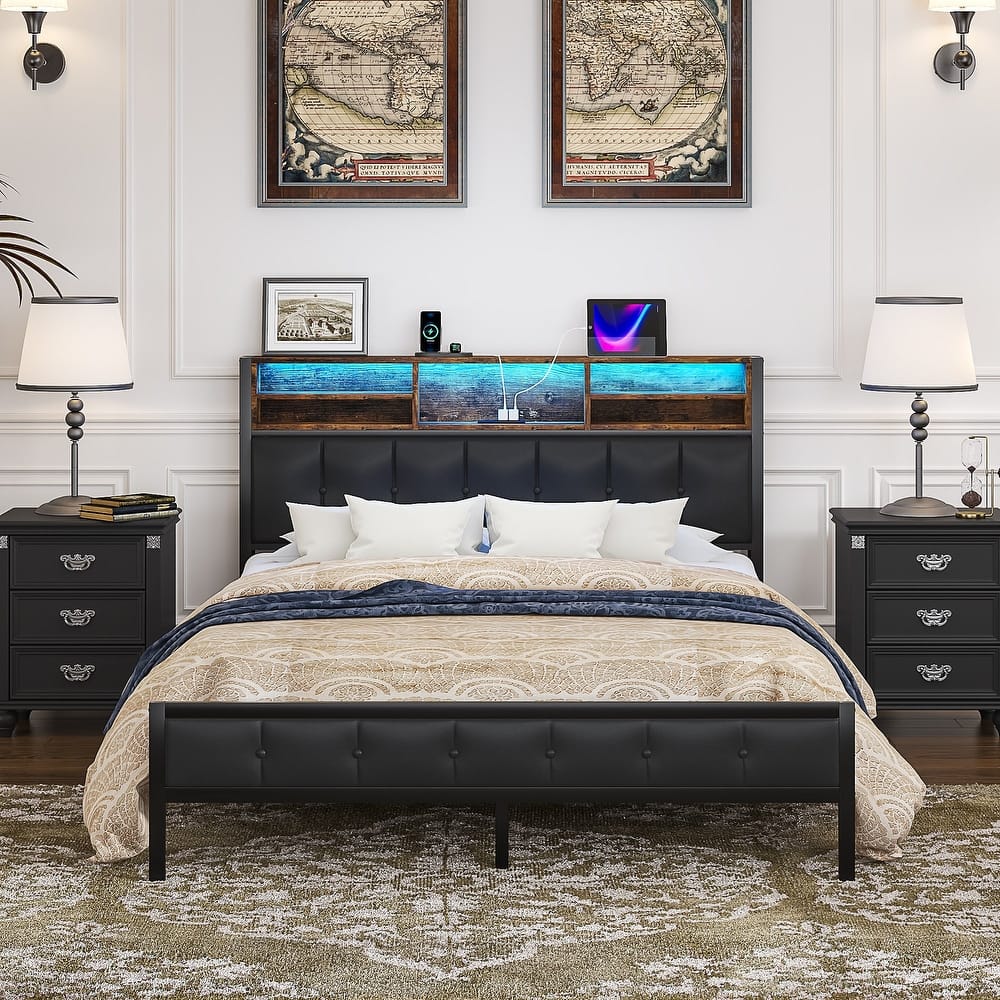 Javlergo Upholstered Platform Bed Frame with LED Lights and Storage Headboard LED Bed Frame with Outlets and USB Ports