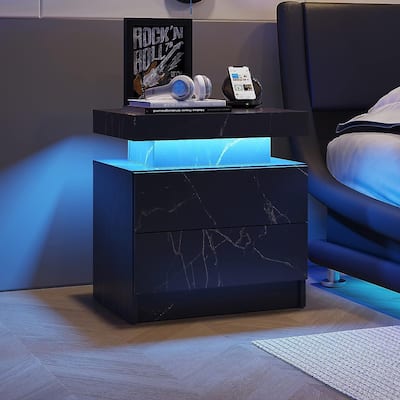 LED Nightstand Marble Texture Finish End Table, Black Gold Cabinet Modern End Side Bedroom, Night Stand with 2 Drawers End Table