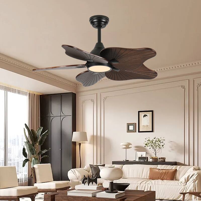 44-Inch Ceiling Fan with Light, 5 Solid Wood Blades, DC Motor, APP & Remote Control, Dimmable Full-Spectrum LED - Acacia Wood