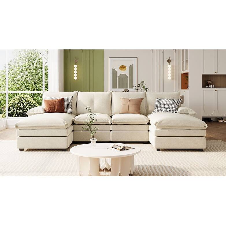 U-Shaped Sectional Sofa, Chenille Fabric Cloud Sofa, 6 Seater Sofa with Adjustable Armrest Pillow for Living Rooms, Office