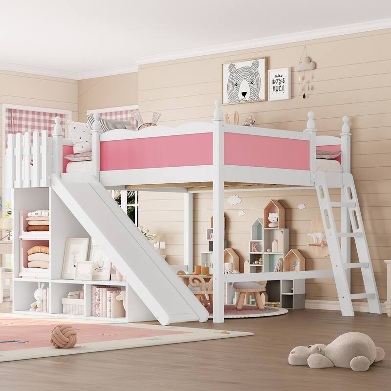 Fun Play Loft Bed for Kids with Open Shelves and Wardrobe, Solid Wood Storage Bed Frame with with Detachable Slide and Ladder
