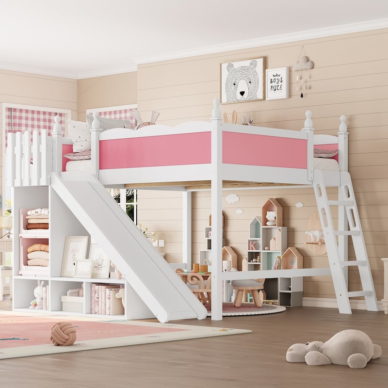 Queen/Full Size Solid Wood Loft Bed with Slide, Storage Shelves, Cabinet, Ladder & Play Area, No Box Spring Needed