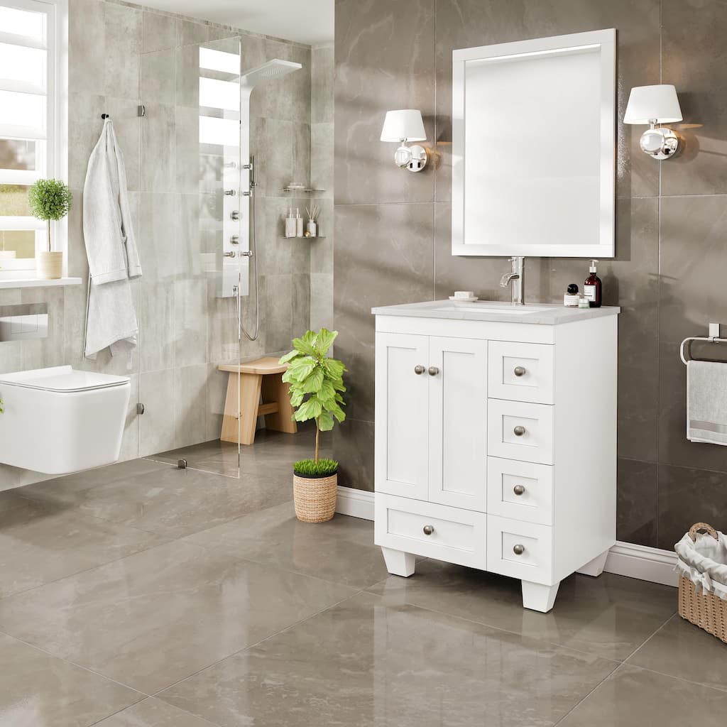 Eviva Happy 24"W x 18"D White Bathroom Vanity with White Carrara Quartz Vanity Top and Rectangular Undermount Sink