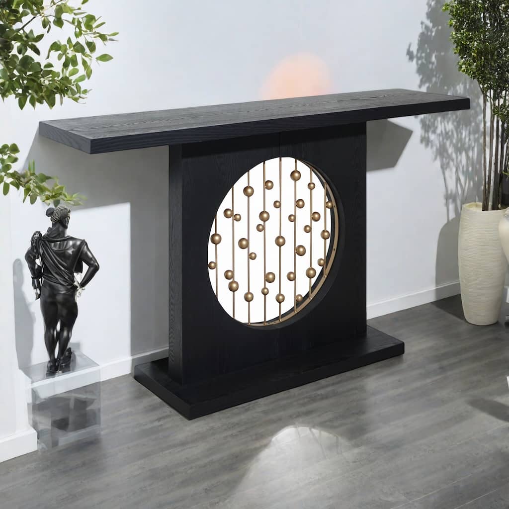 56'' MDF Console Table with Gold Accent and Circular Cutout Design for Hallway