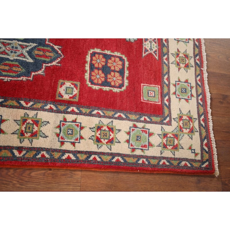 Geometric Red Kazak Accent Rug Hand-Knotted Bedroom Wool Carpet - 3'10" x 5'10"