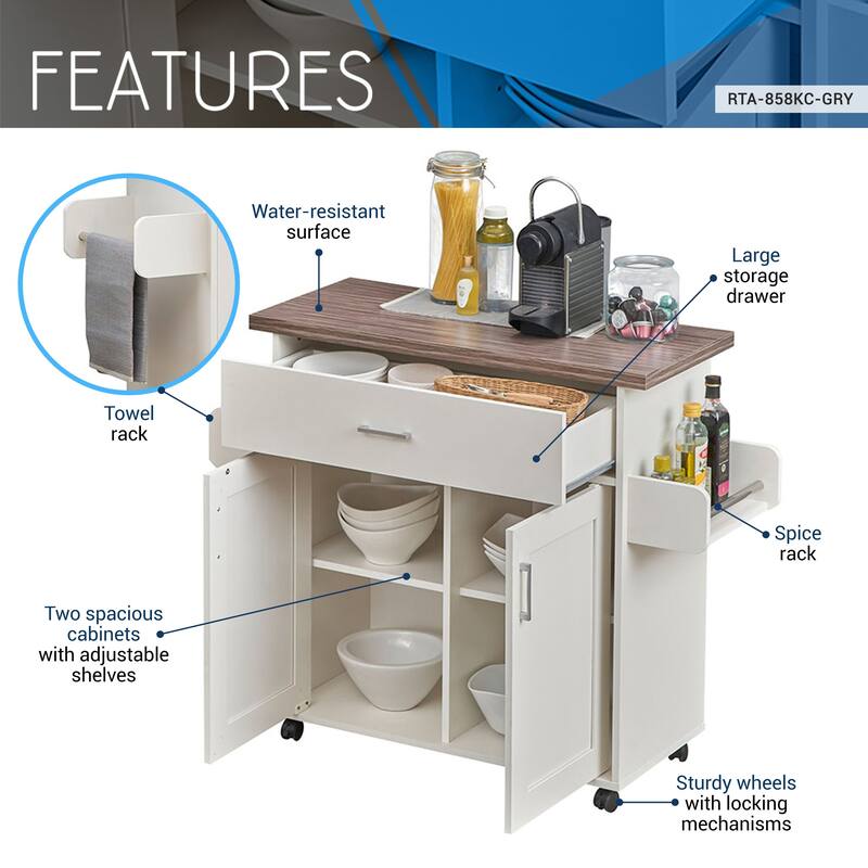 Rolling Kitchen Island Cart with Adjustable Shelves, Towel Rack, and Spice Rack