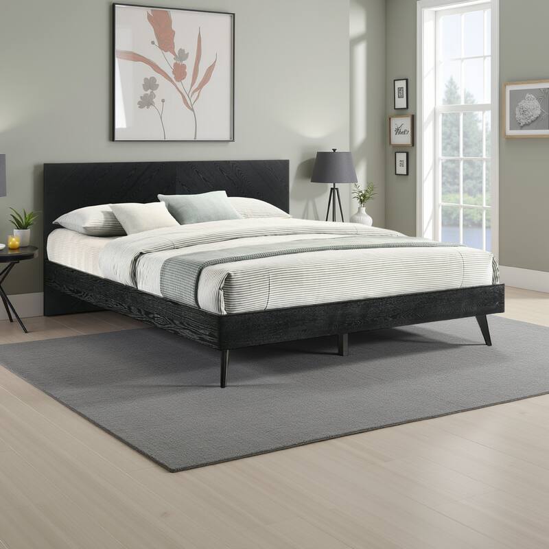 Saly King Platform Bed Frame, Tapered Legs, Diagonal Grain Finish, Black