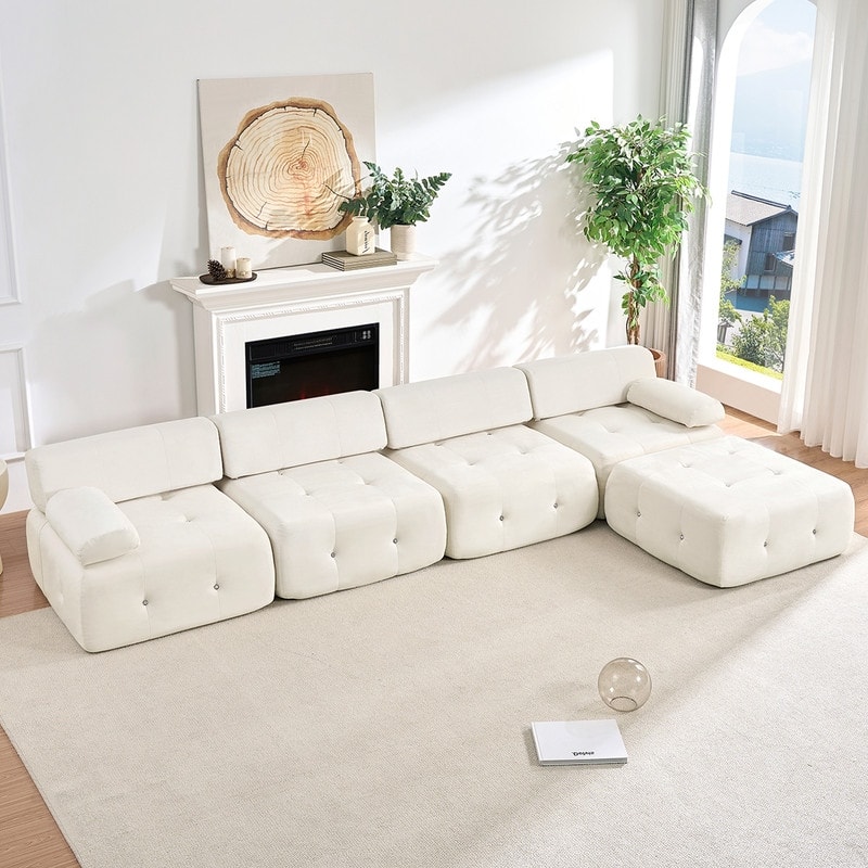 Mixoy 134inch Modular Sectional Sofa with Ottoman,Velvet L-Shaped Couch Indoor for Living Room - 133.9"w x 66.9"D x 24.8"H