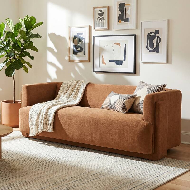 Christopher Knight Home - Modern Upholstered 77.56" 3-Seat Sofa with Geometric Block Arms - Caramel
