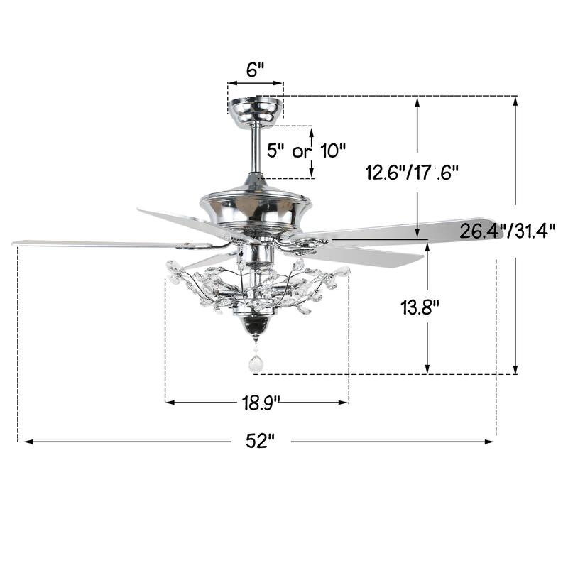Bella Depot 52-inch Modern 5-Blade Reversible Branches Crystal Ceiling Fan with Light Kit and Remote, 3-Speed - 52"