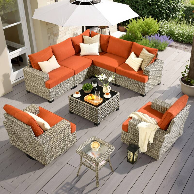 HOOOWOOO 9-piece Patio Wicker Sofa Swivel Chair Sectional Set - Red/Orange