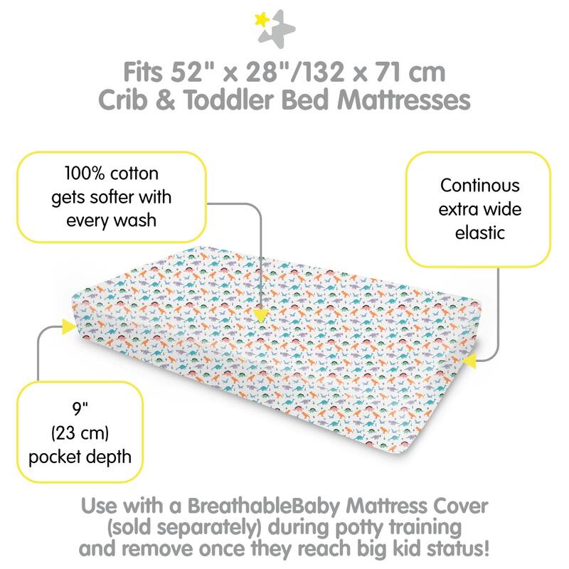BreathableBaby Cotton Percale Fitted Sheet, For 52" x 28"/132 x 71 cm Crib & Toddler Bed Mattress, Prints (2-Pack)