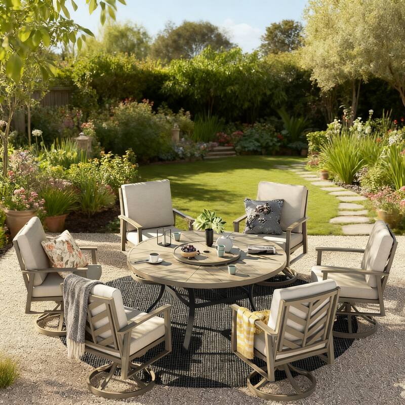 Patio Aluminum Round 59.5" Dining Table With Outdoor Chairs - Burgundy