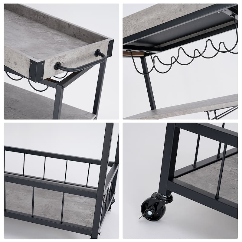3-Tier Industrial Kitchen Serving Trolley - Wood and Metal Bar Cart with Wine Rack