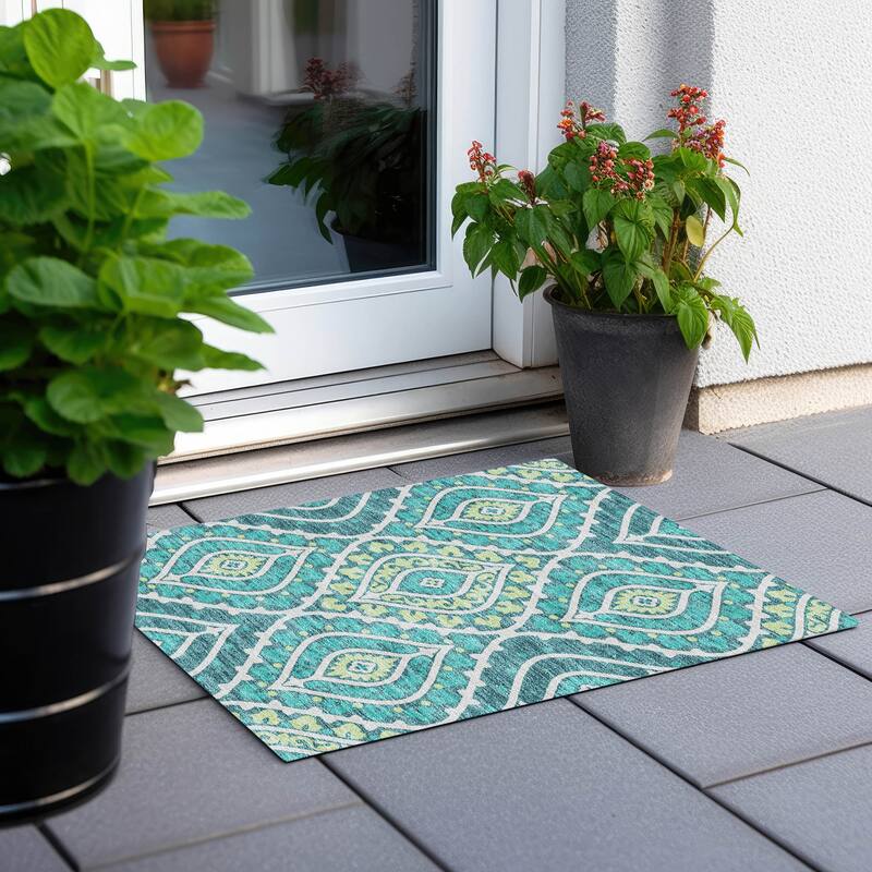 Machine Washable Indoor/ Outdoor Chantille Ttransitional Medallion Rug - Teal - 1'8" x 2'6"