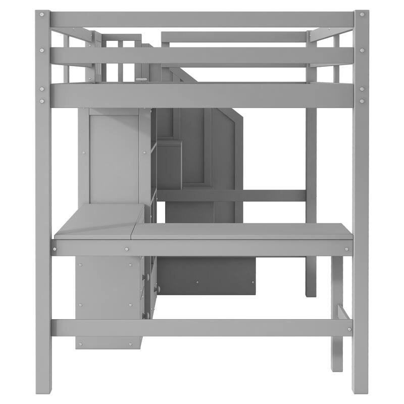 Twin/Full Loft Bed with L-Shaped Desk and Storage Staircase, Multi-Functional Solid Wood Loft Bed Frame with Drawers & Bookcase