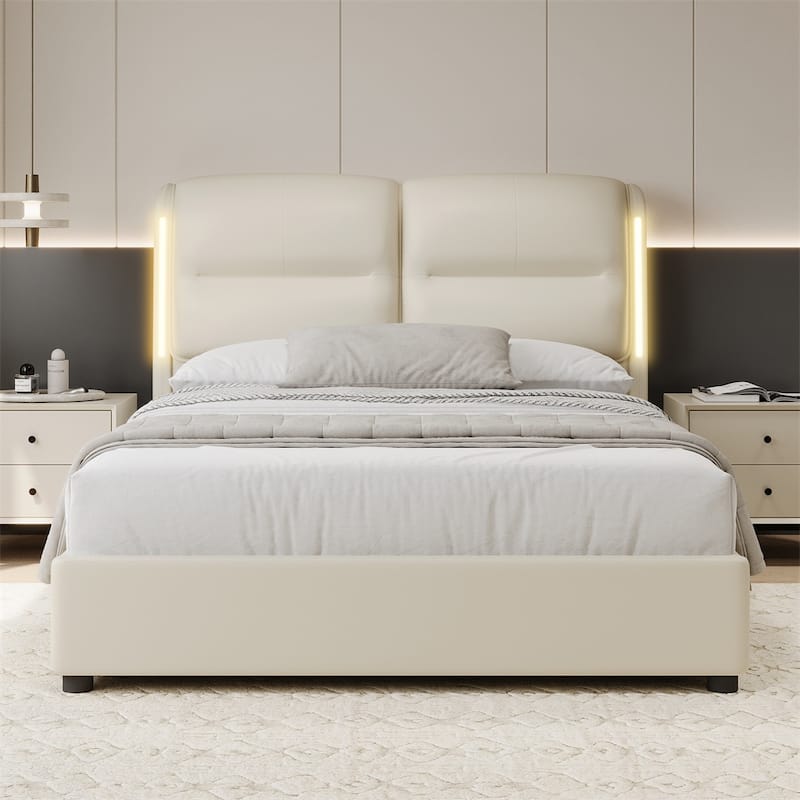 Upholstered Queen Size Hydraulic Platform Bed with Lift Up Storage - Cream