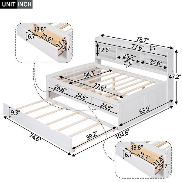 dimension image slide 4 of 6, Captain Bed Platform Bed Daybed Frame with 3 Drawers and Trundle