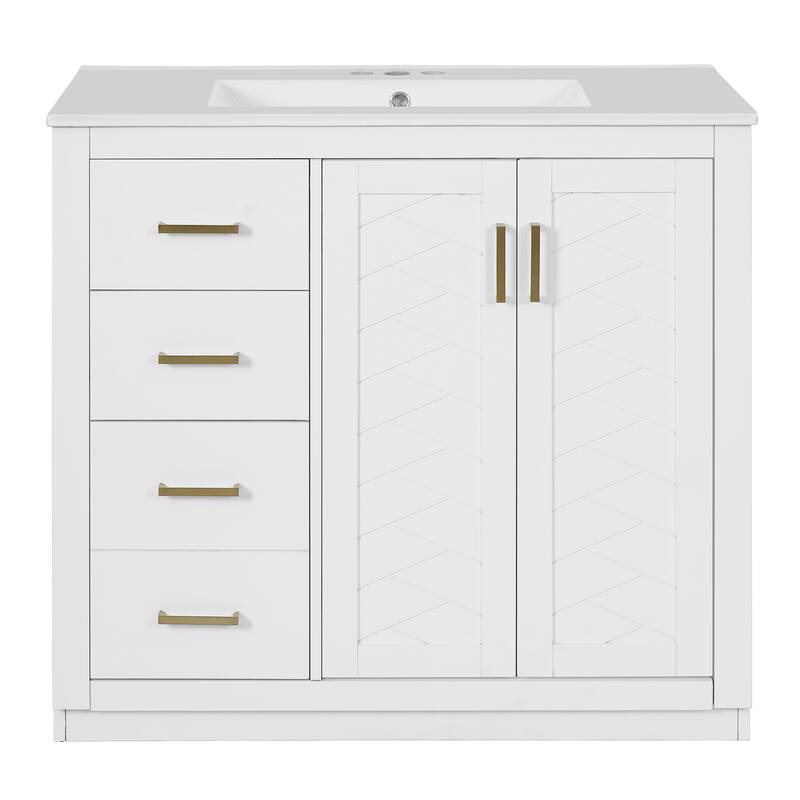 36'' Bathroom Vanity with Ceramic Sink Combo, Solid Wood Frame Bathroom Storage Cabinet with 3 Drawers& Soft Closing Doors