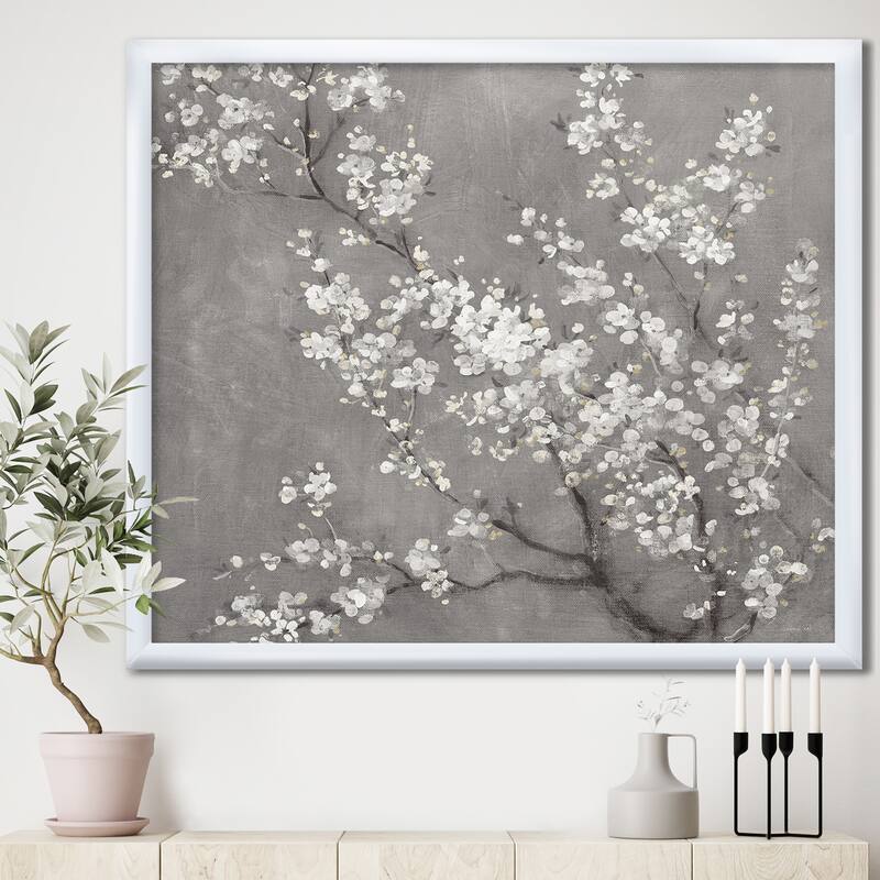 Designart "White Cherry Blossoms II" Traditional Framed Art Print - 16 in. wide x 16 in. high - White