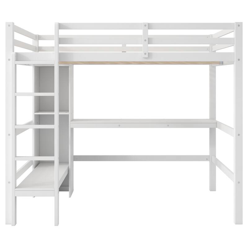 Full Size Loft Bed with Storage Shelves and Desk, Multi-functional Kids Bed Frame with Open Bookcase