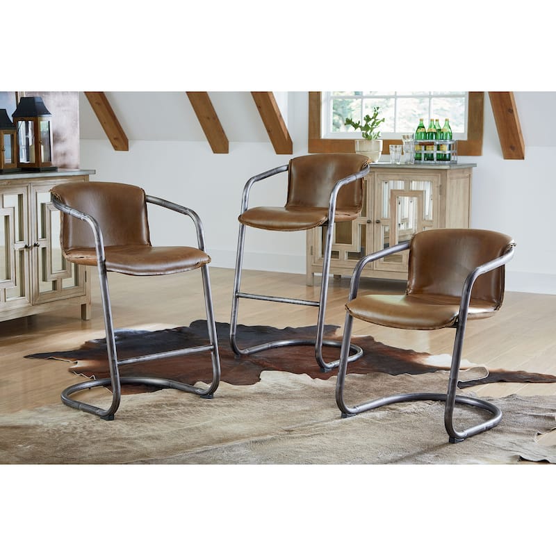 World Interiors Set of 2 Distressed Leather Counter-Height Chairs