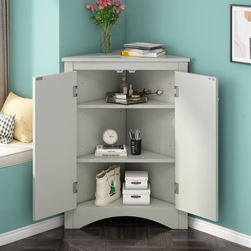GDFStudio - Triangle Corner Storage Cabinet with Adjustable Shelves, Freestanding Floor Cabinet