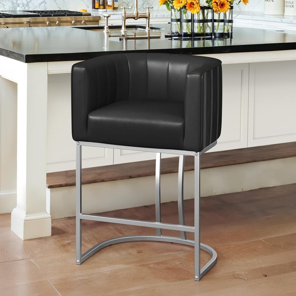 Modern 26.in Counter Height Stool Low Back Upholstered/PU Leather Barrel Bar Stool with Metal Frame