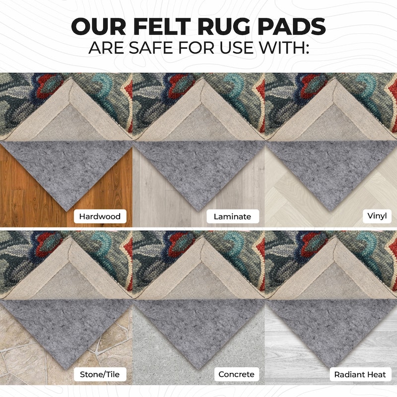Superior Lynn Non-Slip Felt Rubber Indoor Floor Area Rug Pad With Coating - Neutral Grey