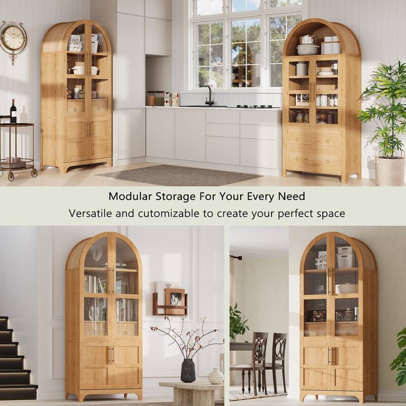 Arched Kitchen Pantry Cabinet with Hidden Drawer & Glass Door, Storage Cabinet with Door Shelves & Adjustable Shelves