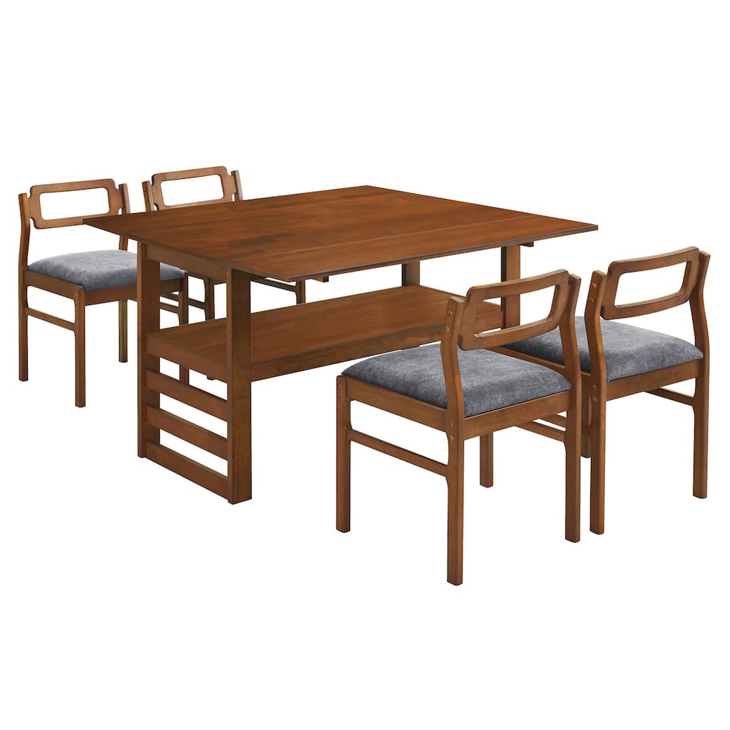 Brown Drop-Leaf Dining Set with Extendable Table & 4 Ladder Back Chair