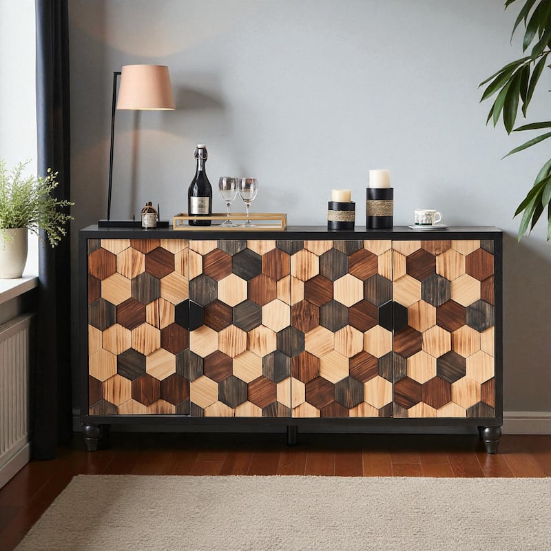 59" Modern Distressed Honeycomb Wood Storage Cabinet with Doors, Accent Buffet Sideboard for Living Room or Entryway - Black Brown