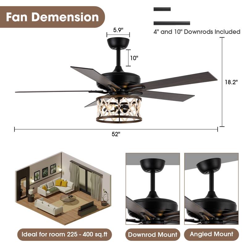 52" Bohemian Black Ceiling Fan with Wood Beaded Light Kit and Remote Control - 52 in. D x 52 in. W x 18.2 in. H