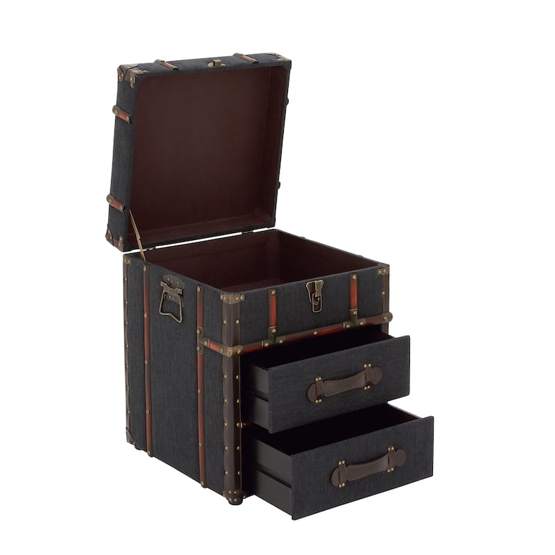 Faux Leather Vintage 2 Drawer Accent Table with Buckle Hinged Top - Dark Brown - Roche River Decor