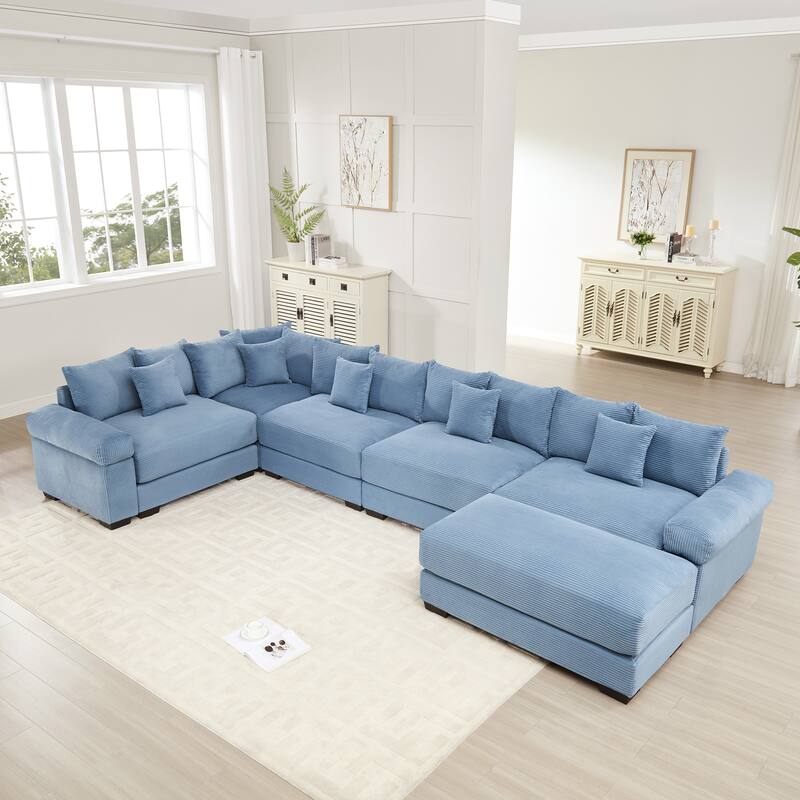 5-Seat Convertible Cloud Corduroy Modular Sofa with 16 Throw Pillows - Blue-with 1 Ottoman