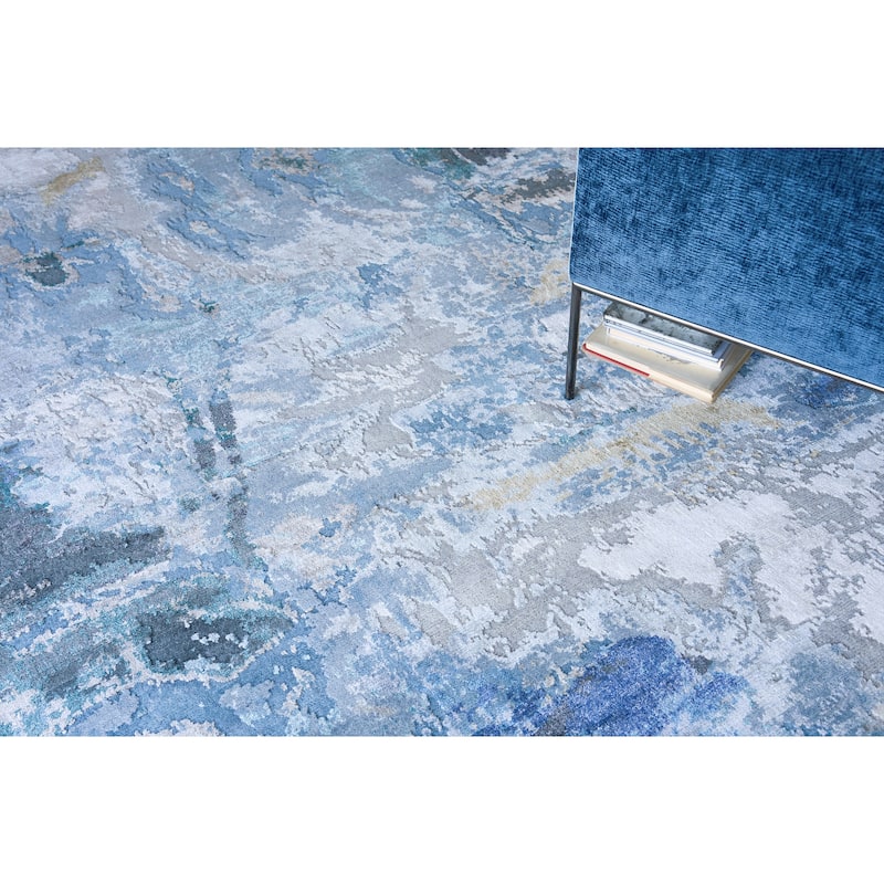 Exquisite Rugs Cosmo Hand-Knotted New Zealand Wool/Bamboo Silk Blue/Silver/Dark Gray Area Rug.