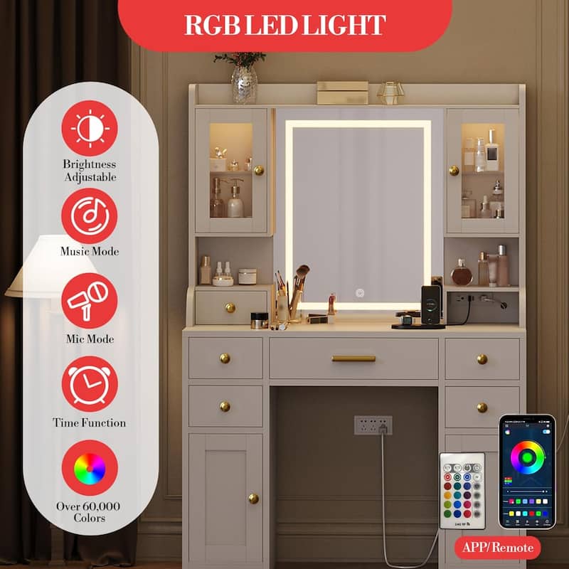 Makeup Vanity Desk with Mirror, LED Lights Dressing Table with Power Outlet