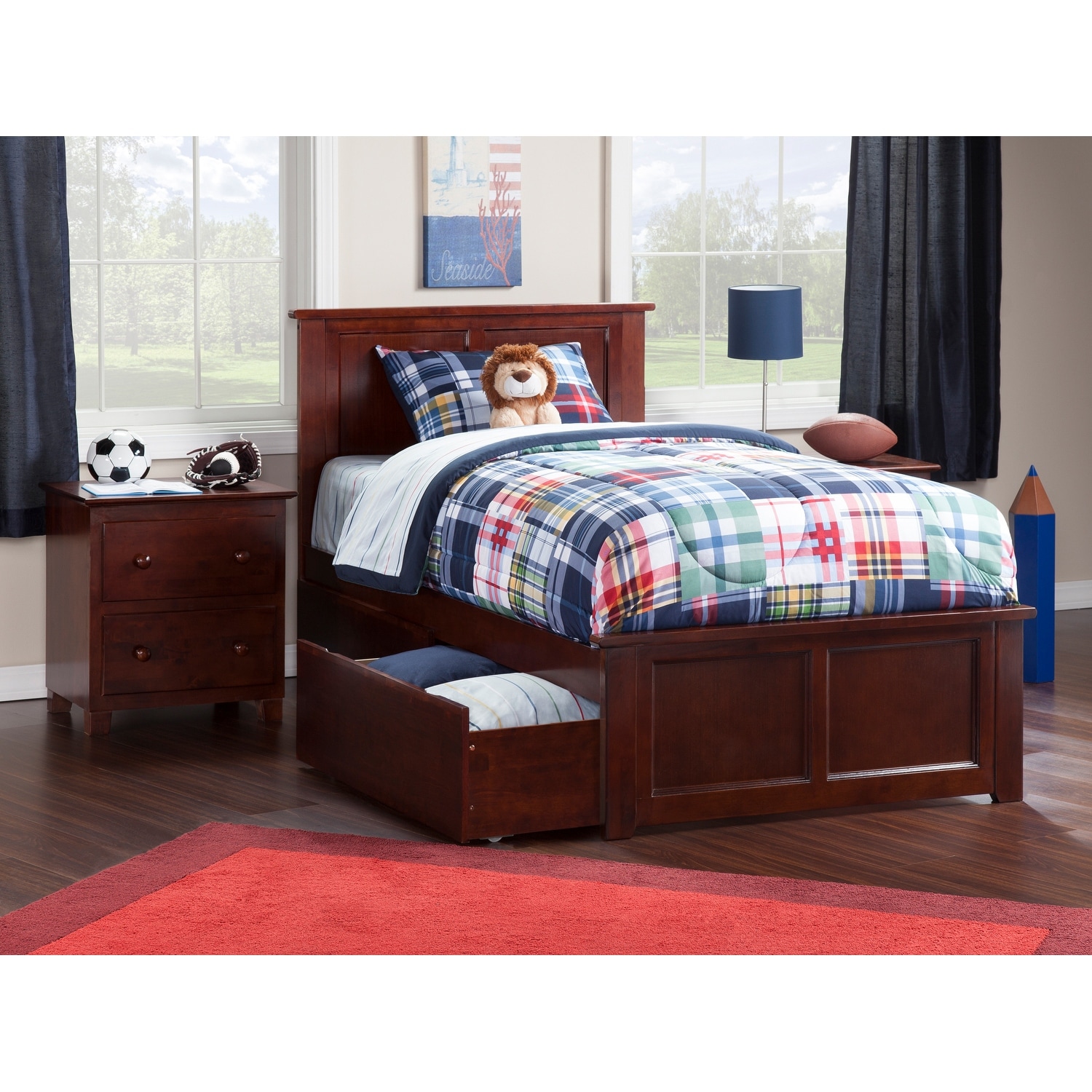 Madison Twin Solid Wood Platform Bed with Matching Footboard & 2 Storage Drawers in Walnut
