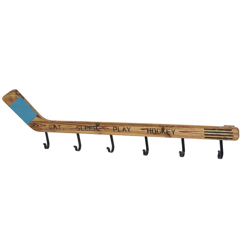Wood Hockey Stick 6 Hangers Wall Hook - Brown - Roche River Decor - 2"W x 40"L x 11"H