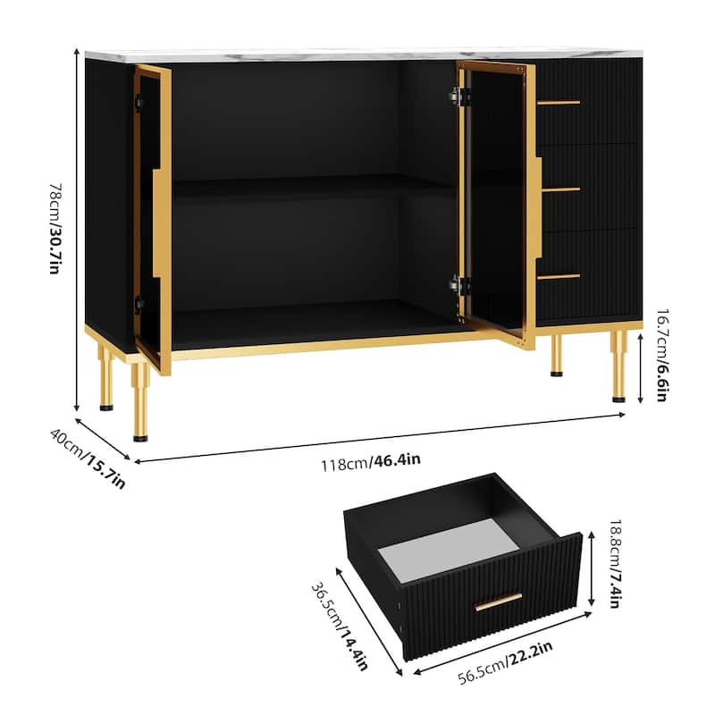 Sideboard Buffet Cabinet, 48" Kitchen Sideboard Cabinet with 3 Fluted Glass Doors Removable Shelves