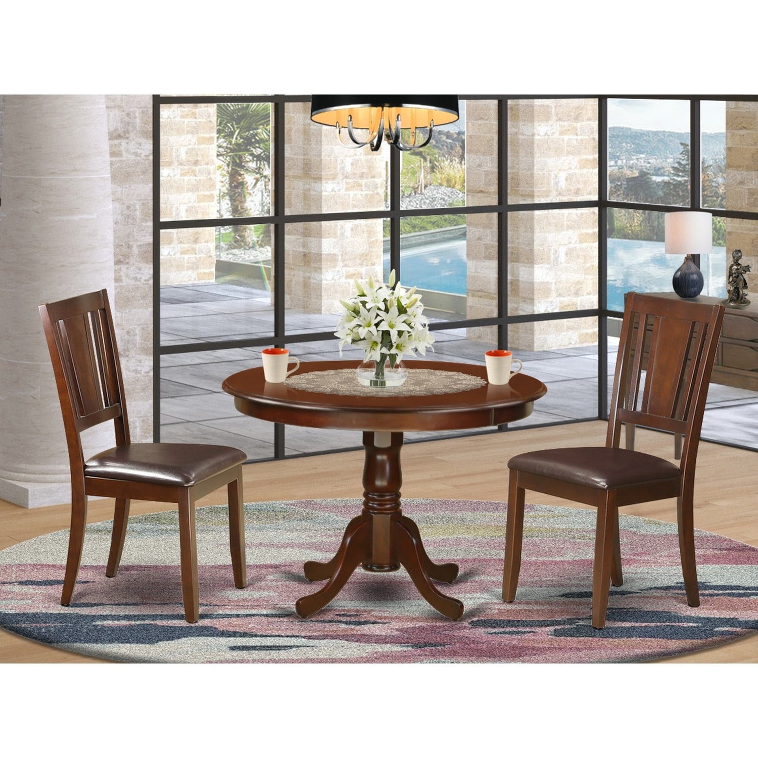 HomeStock 3-Pc Mahogany Finish Solid Wood Top - Round Dining Room Set - Seats 4
