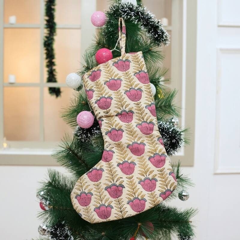 Fabdivine Handmade Floral Christmas Stockings Linen Block Print Décor - 10"X4.5"
