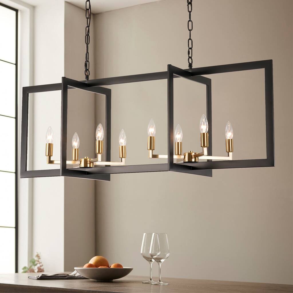 8-Light Vintage Modern Black and Brass Rectangular Pendant Light with Adjustable Chains for Kitchen Island or Dining Room
