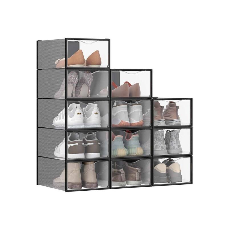 12 Pack Clear Plastic Stackable Shoe Boxes with Doors and Cutout Handles for Closet Storage - 9.1”L x 13.1”W x 5.6”H