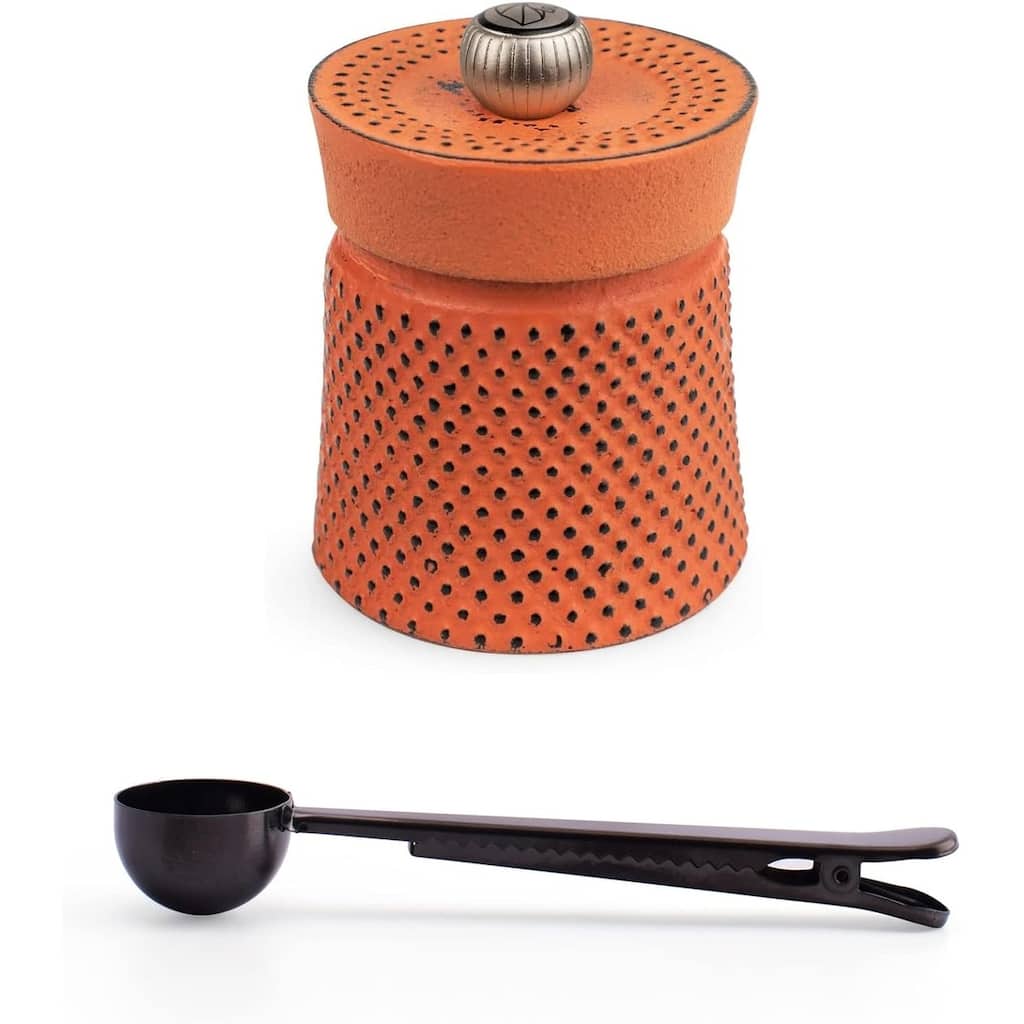 Peugeot BALI FONTE Cast Iron Pepper Mill, 8cm/3 In, With Stainless Steel Spice Scoop/Bag Clip (Orange)