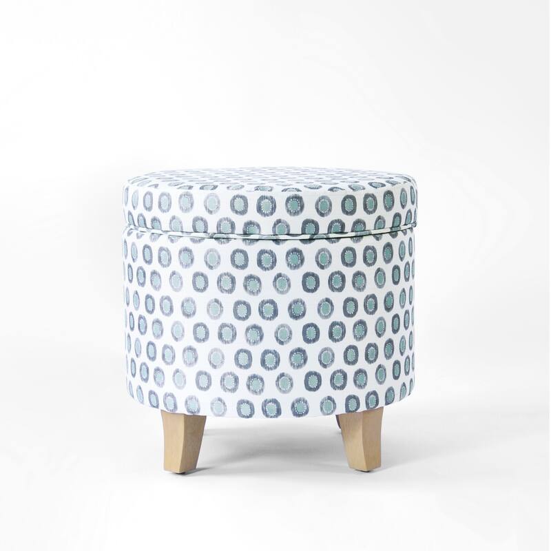 Loni Round Storage Ottoman, 19 Inch Blue Green Ikat Print, Brown