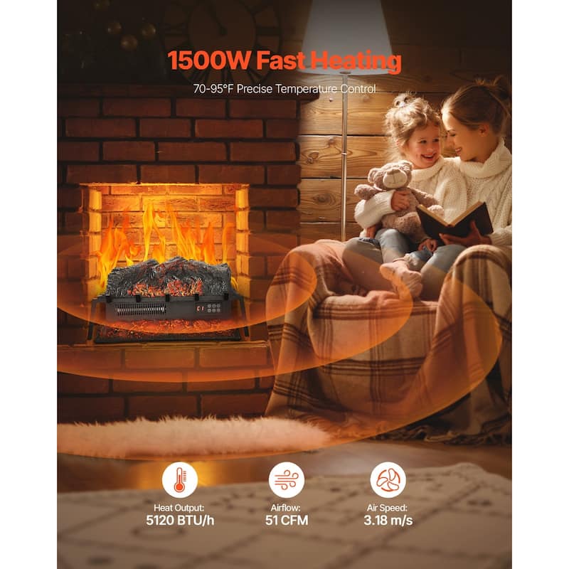 1500W Electric Log Heater with Timer and Remote Adjustable Brightness