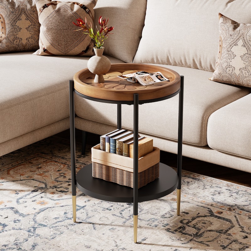 Round Side Table with Solid Wood and Metal